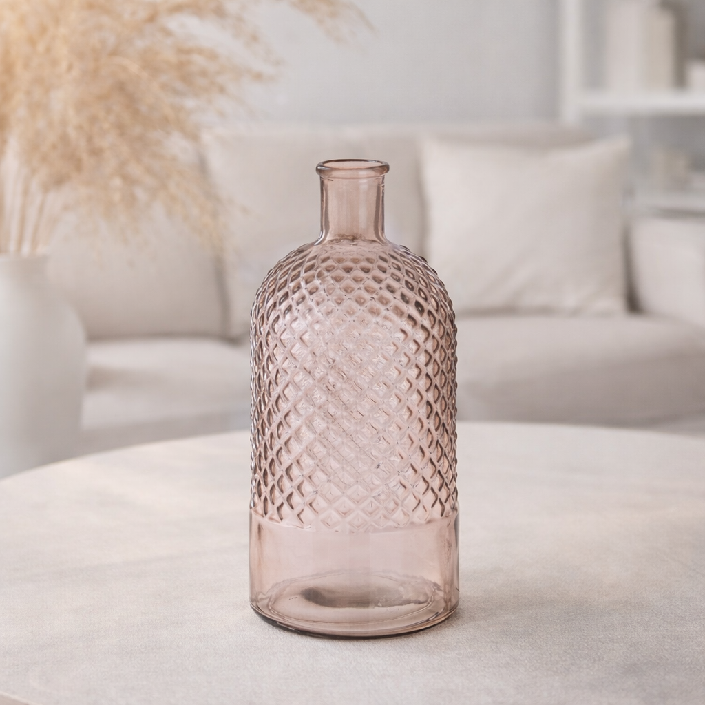 Bottiglia Vaso Decorativa in Vetro Rosa con Texture Avril H28cm