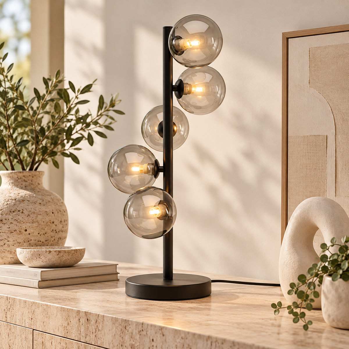 Lampada da Tavolo Moderna Scala Balls Nero con Sfere in Vetro Fumé 5 Luci