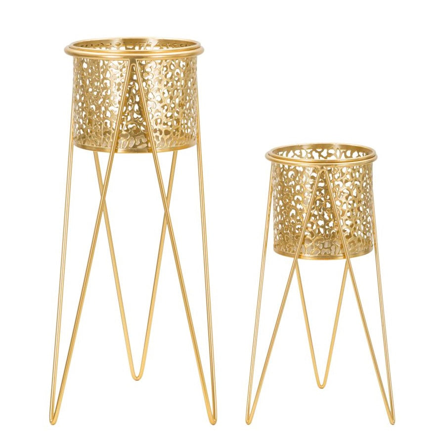 Set 2 Portavasi Oro in Metallo Decorato con Supporto Ø21 e Ø18 cm