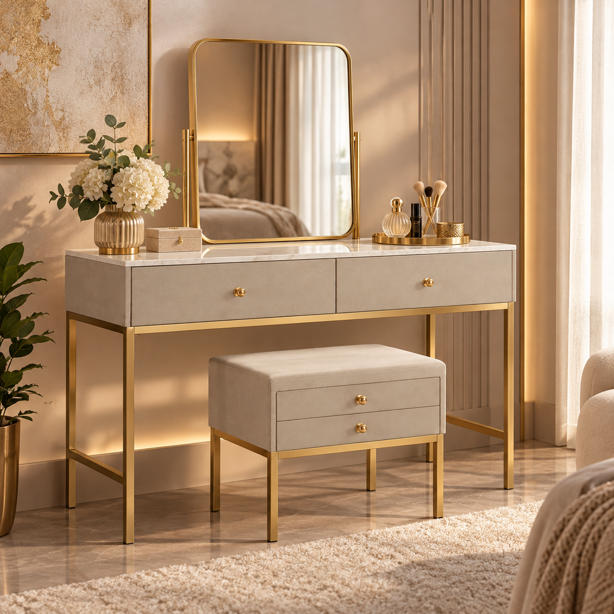 Toeletta Luxury 120 cm con Specchio e Sgabello Beige e Oro con Piano Effetto Marmo