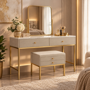Toeletta Luxury 120 cm con Specchio e Sgabello Beige e Oro con Piano Effetto Marmo