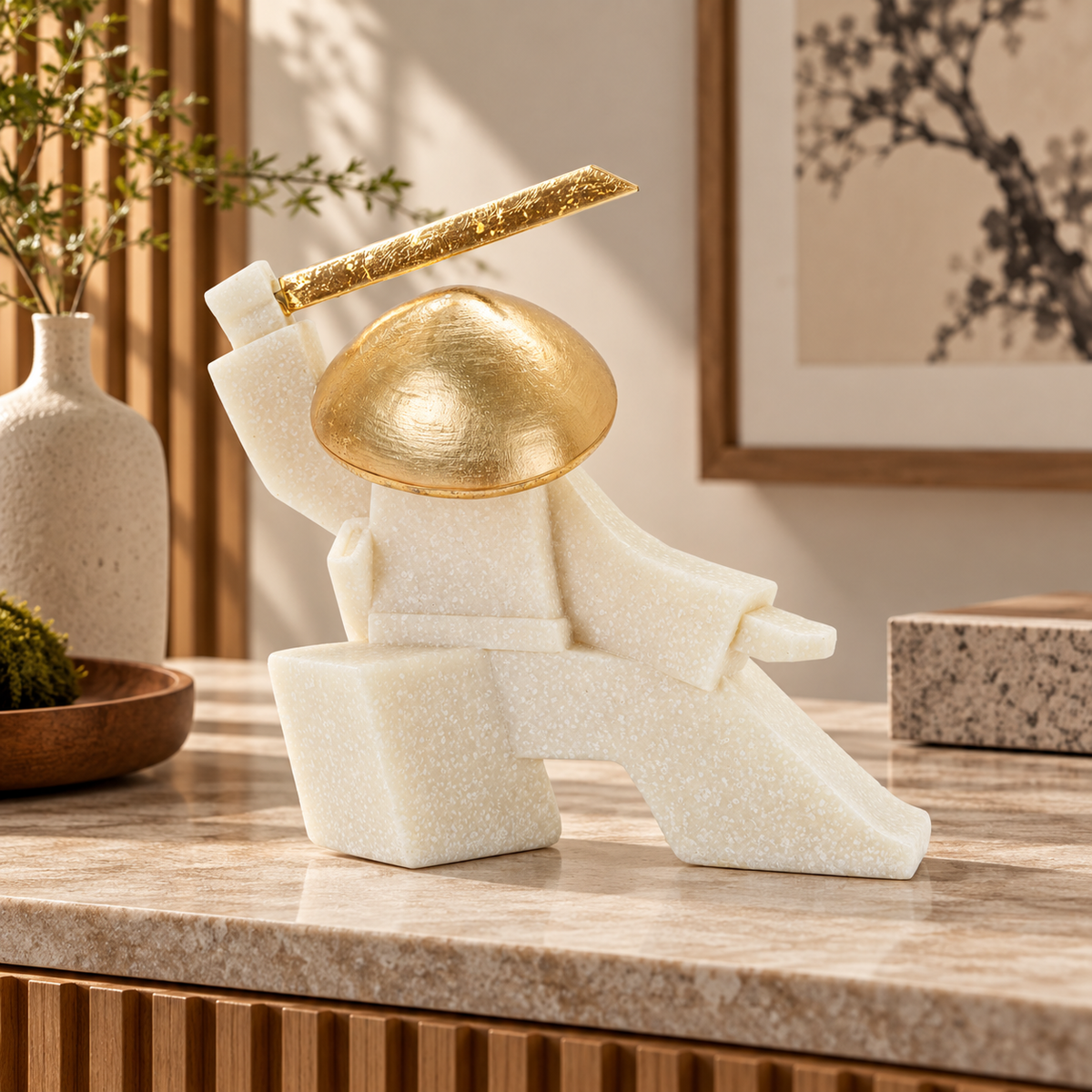 Statua Samurai Bianco e Oro 19x8x18 cm Scultura Decorativa in Poliresina e Metallo