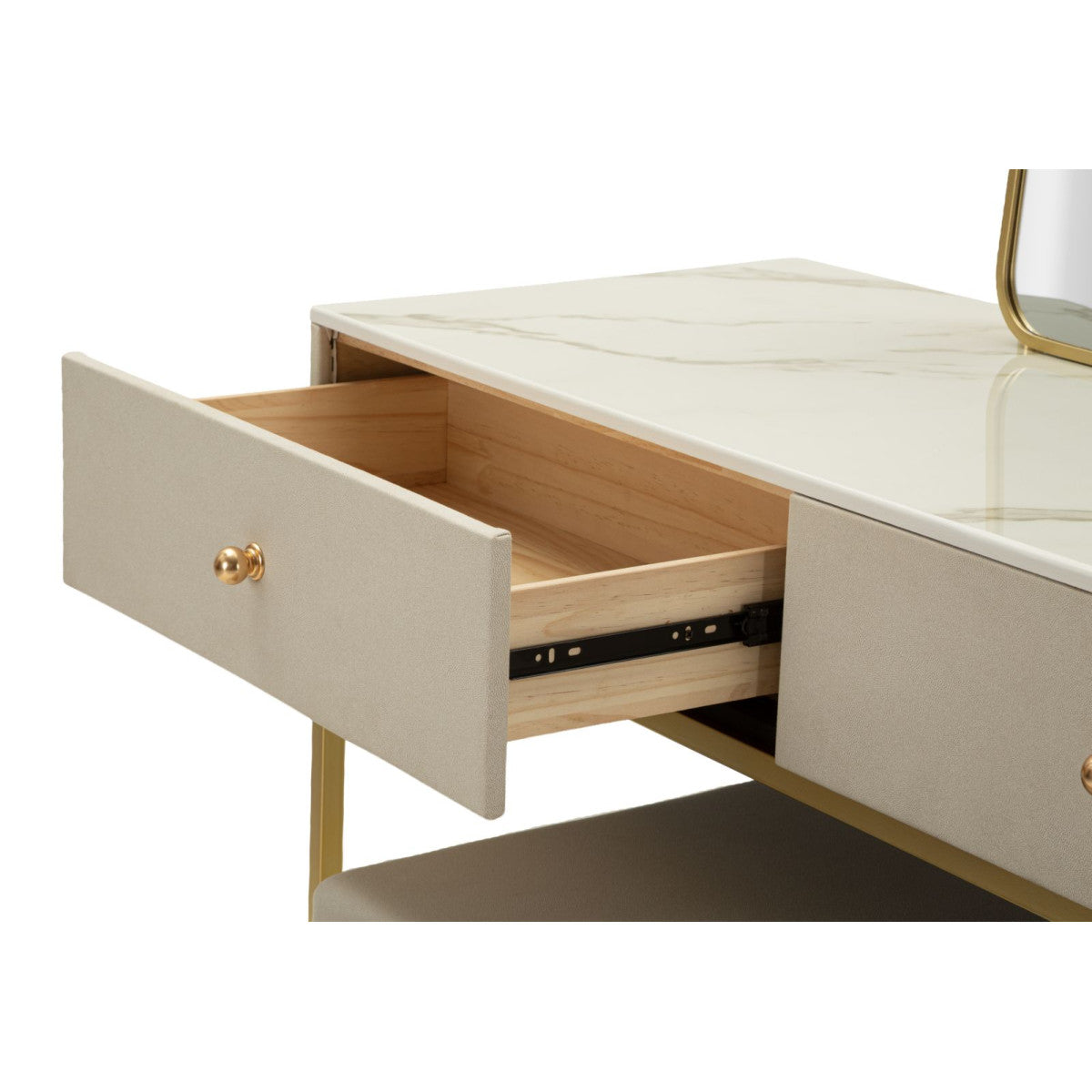 Toeletta Luxury 120 cm con Specchio e Sgabello Beige e Oro con Piano Effetto Marmo