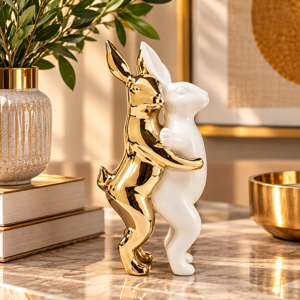 Statuetta Decorativa Hugging Rabbits Coppia di Conigli Abbracciati