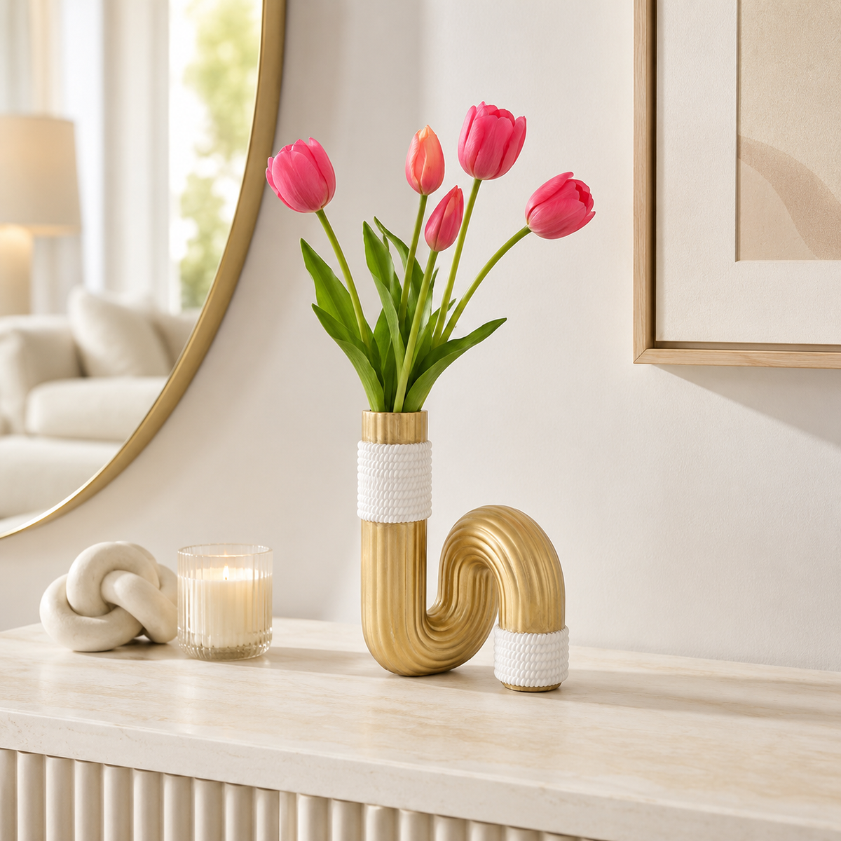 Vaso Decorativo Bann in Resina Oro e Bianco 10,7 x 18,3 cm dal Design Sinuoso