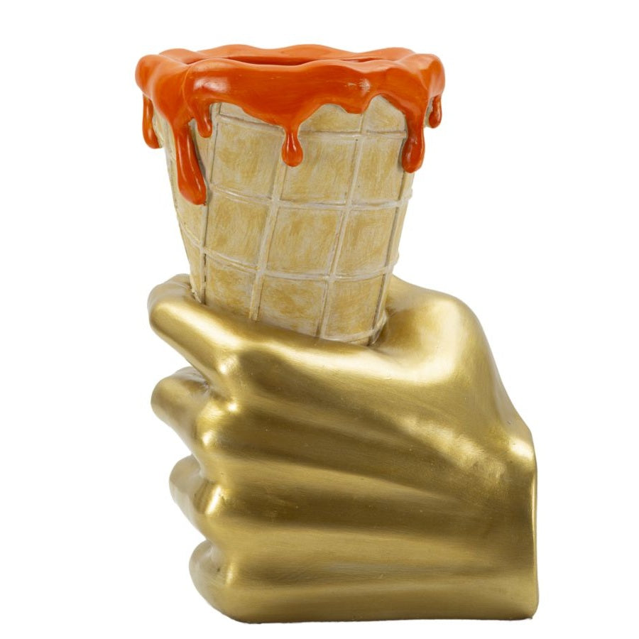 Vaso Cono Portafiori con Mano Dorata e Glassa Arancio 26 cm in Poliresina