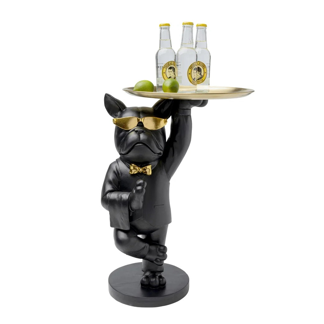 Tavolino Decorativo Cool Bulldog Tray Nero e Oro con Vassoio Design Moderno