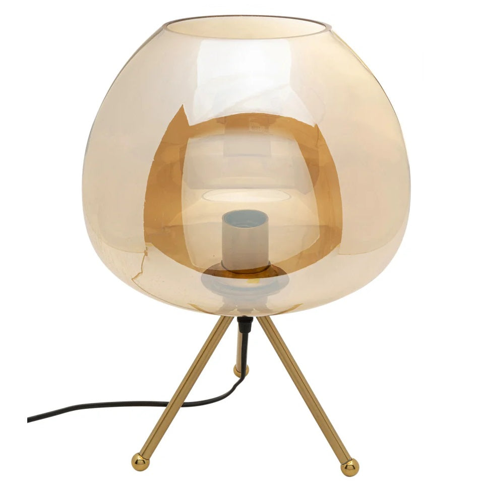 Lampada da Tavolo Sphere Sfera in Vetro Ambra con Base in Metallo Oro