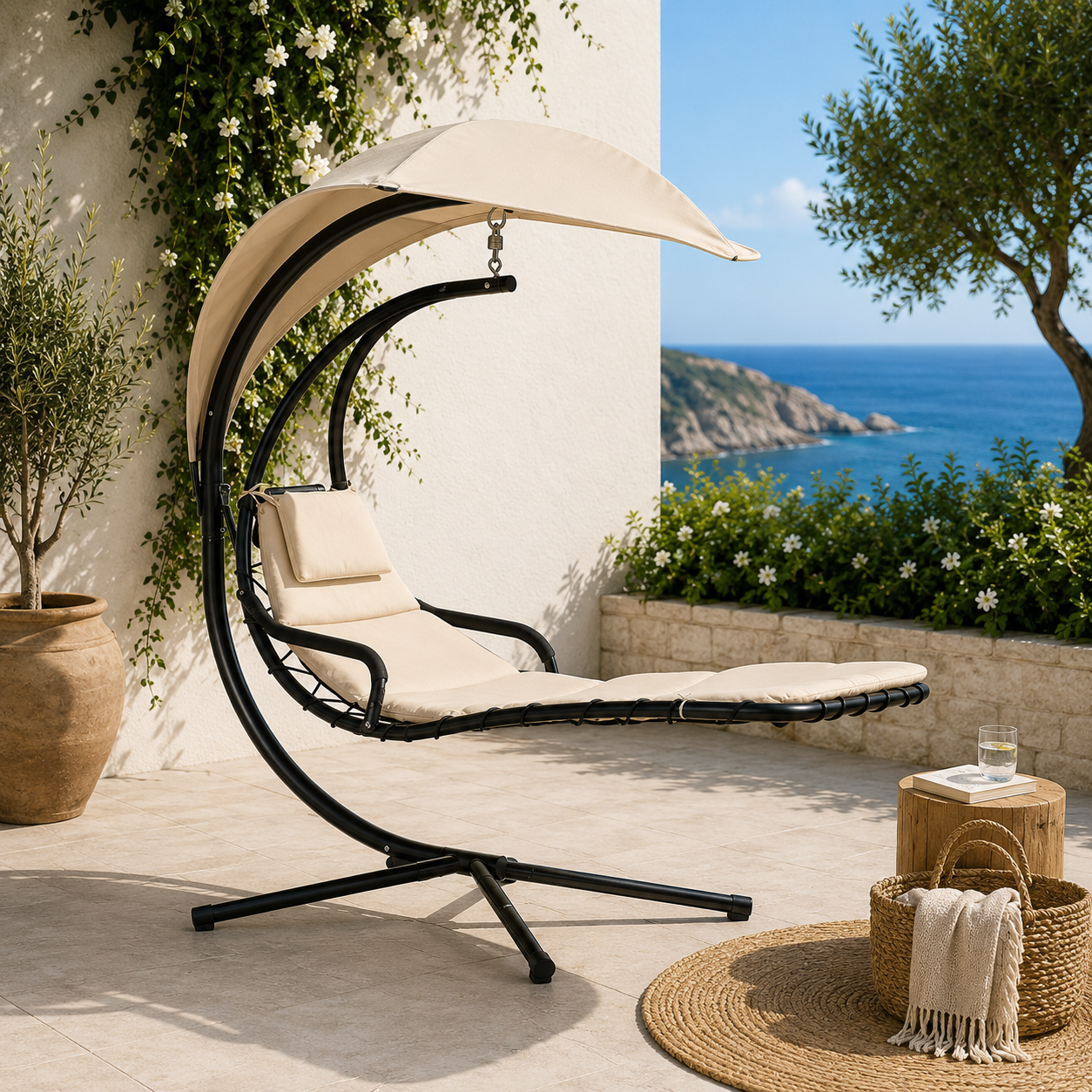 Lettino a Dondolo con Cuscino e Parasole Beige 197x104x200 cm