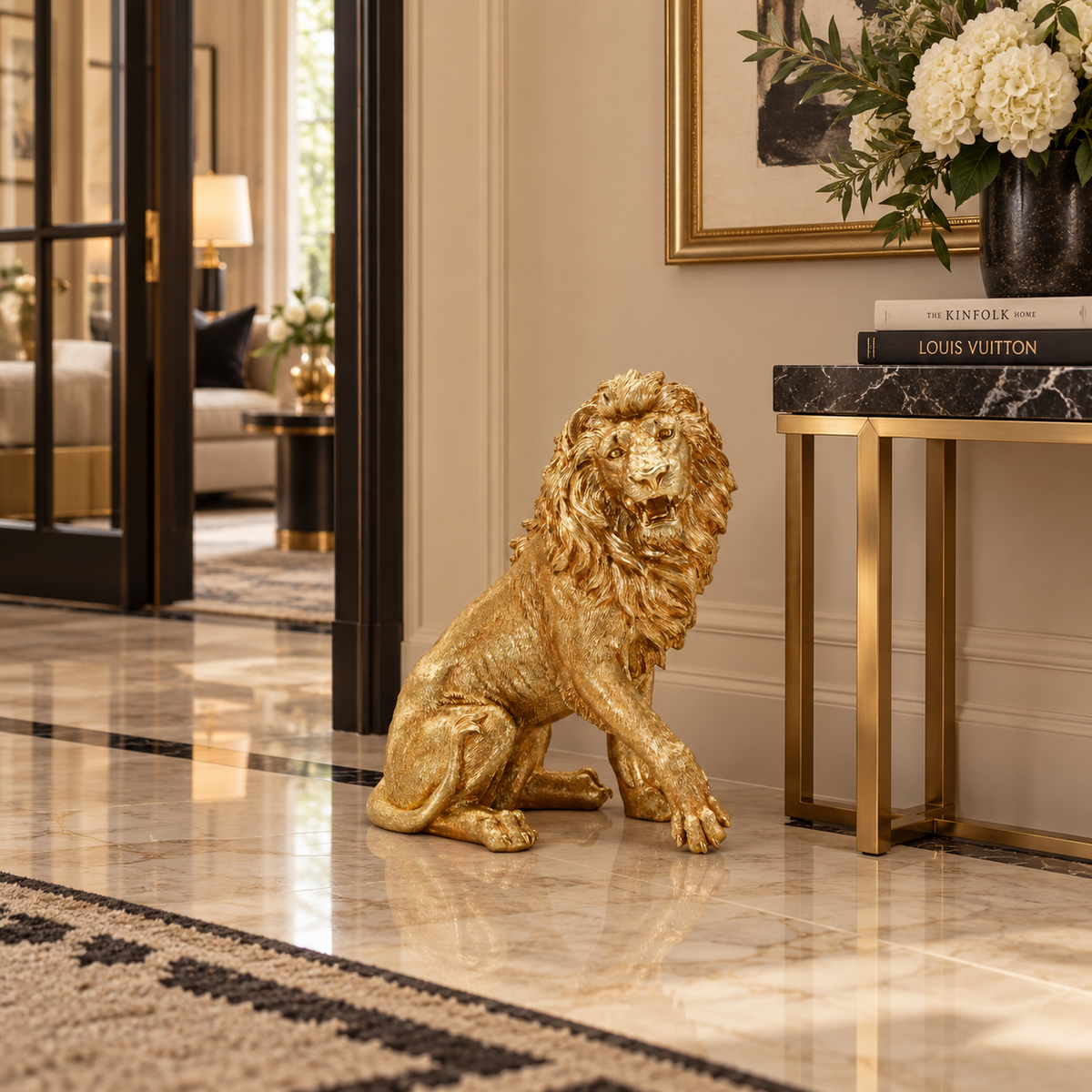 Statua Leone Shant Seduto Oro in Poliresina 55 cm Scultura Glam Maestosa
