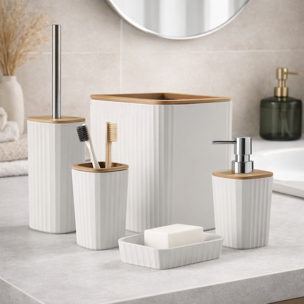 Set Appoggio Bagno 5 Pezzi Bianco Show in Plastica e Bamboo Accessori Moderni
