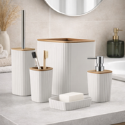 Set Appoggio Bagno 5 Pezzi Bianco Show in Plastica e Bamboo Accessori Moderni