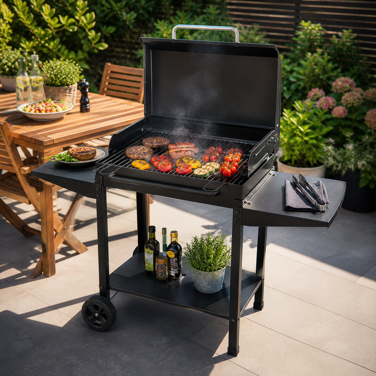 Barbecue a Carbone Polifemo 60x40 cm con Coperchio e Ripiani Laterali