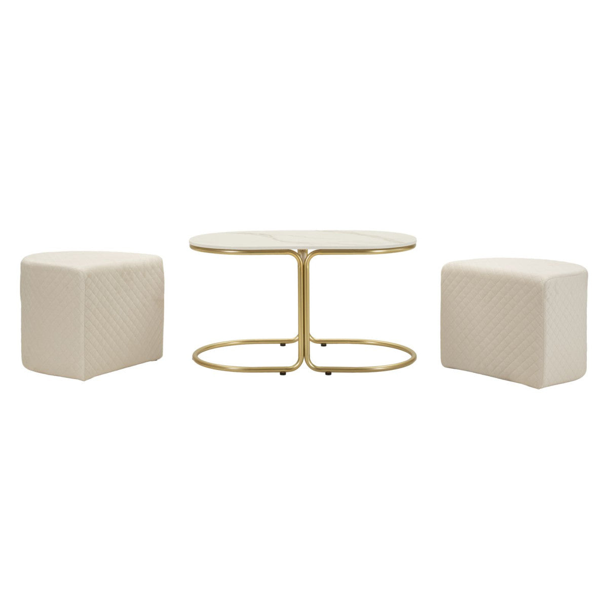 Tavolino da Caffè Relax 79x45x44 cm con 2 Pouf Beige e Oro