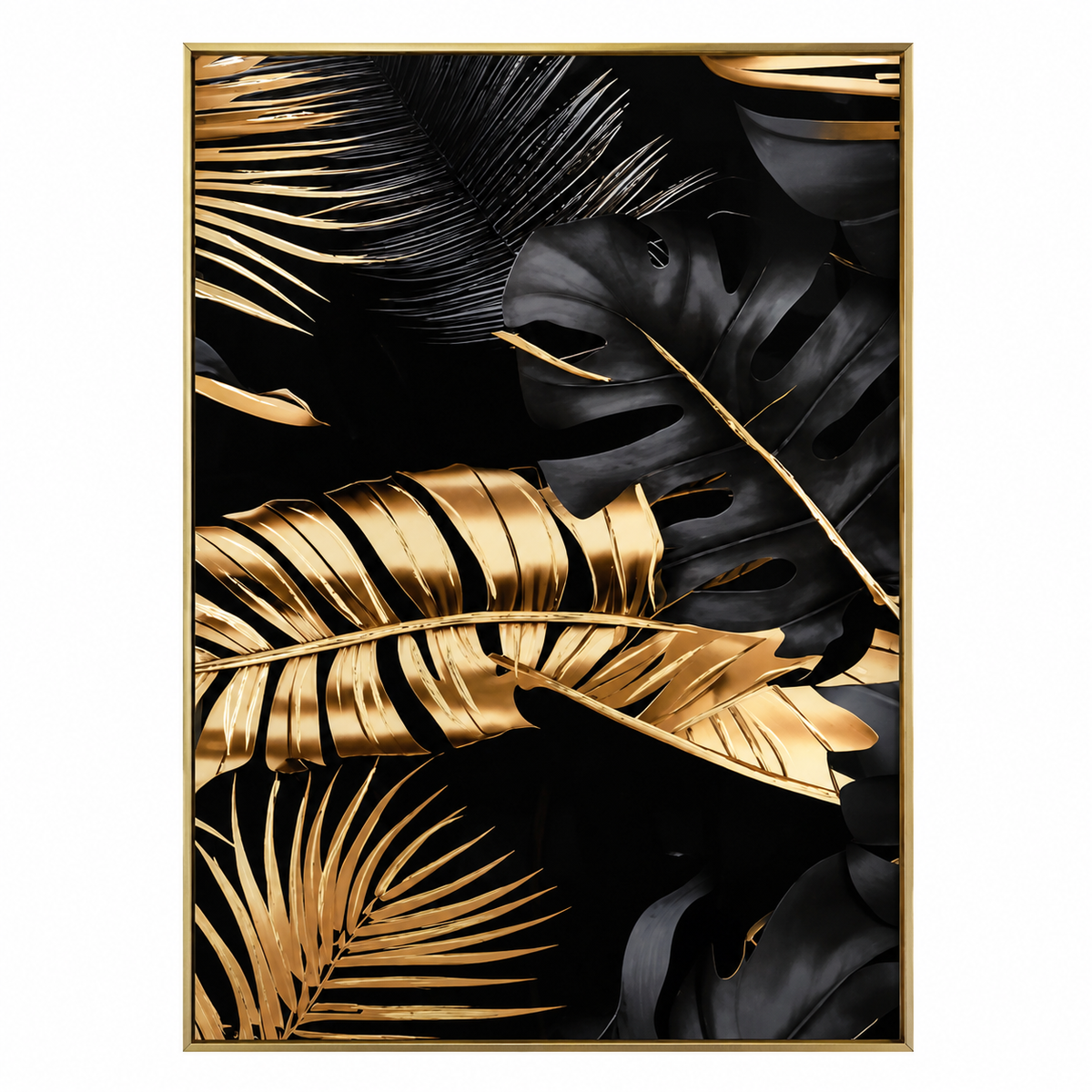 Quadro Decorativo Foglie Tropicali Oro e Nero con Cornice Oro 50 x 70 cm F1001 C/R