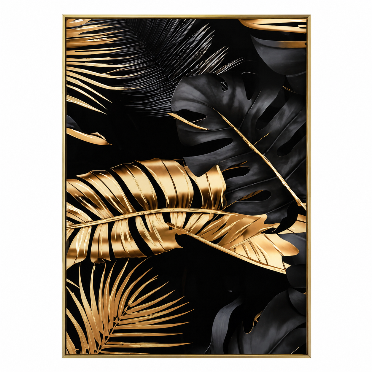 Set 3 Quadri Decorativi Foglie Tropicali Oro e Nero con Cornice Oro 50 x 70 cm