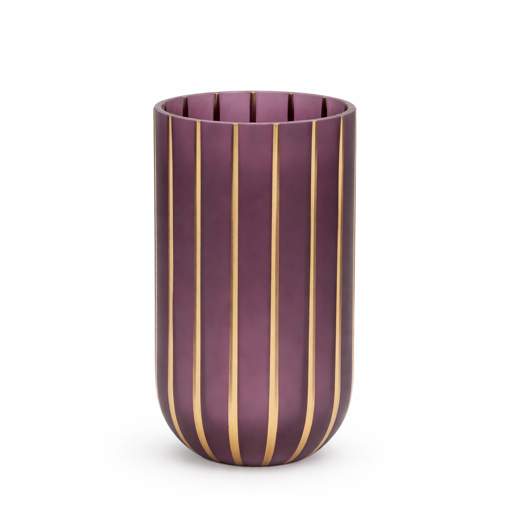 Vaso Rosa Prugna con Dettagli Righe Oro In Vetro 12x20cm