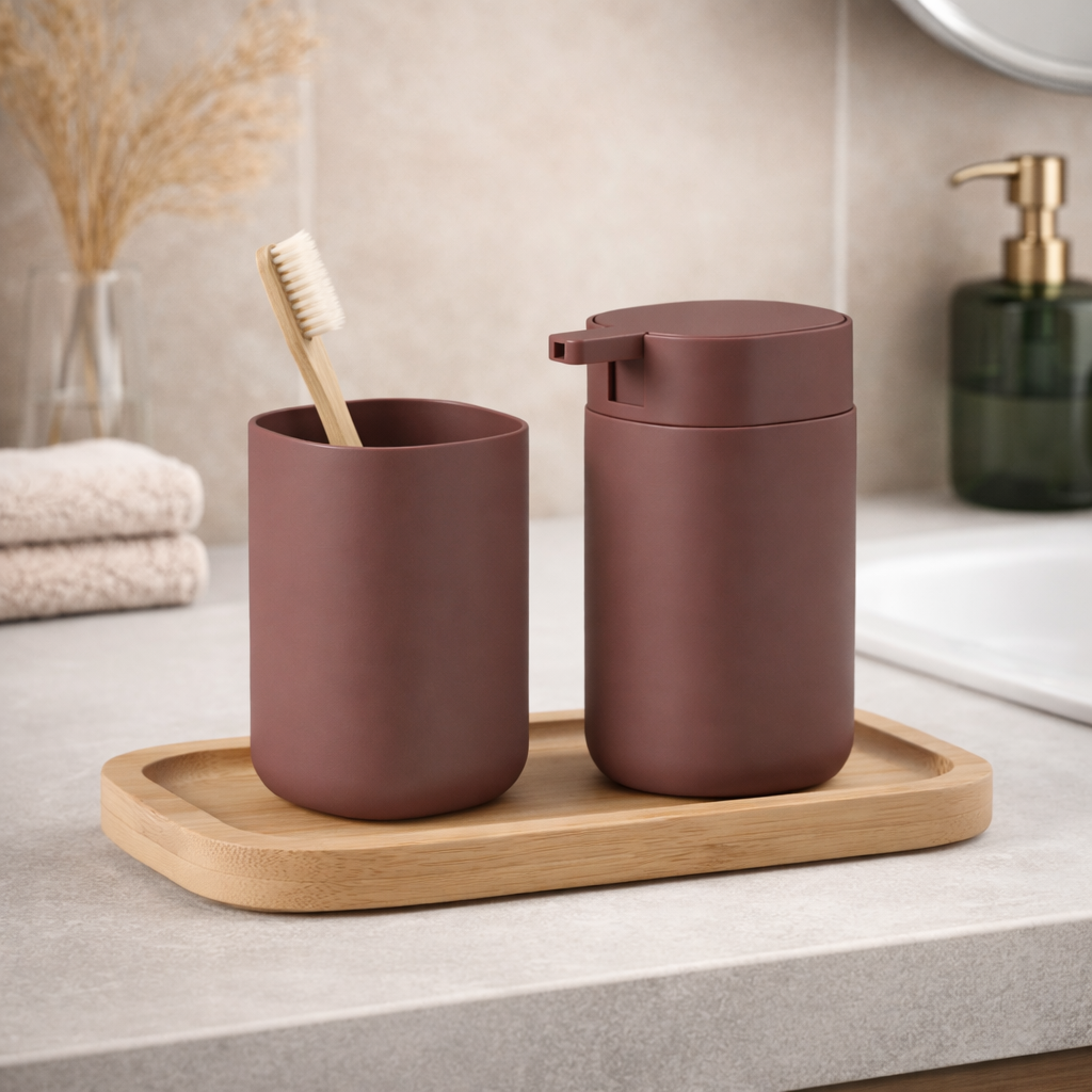 Set Bagno 3 Pezzi Taki in Plastica e Bamboo Accessori Moderni