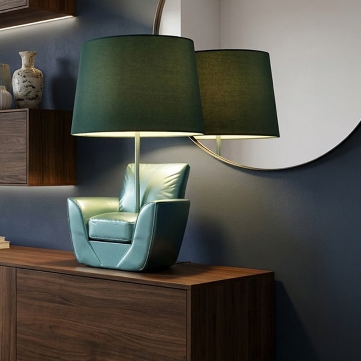 Lampada da Comodino Midcentury Turchese Ø26x43 cm con Base a Poltrona