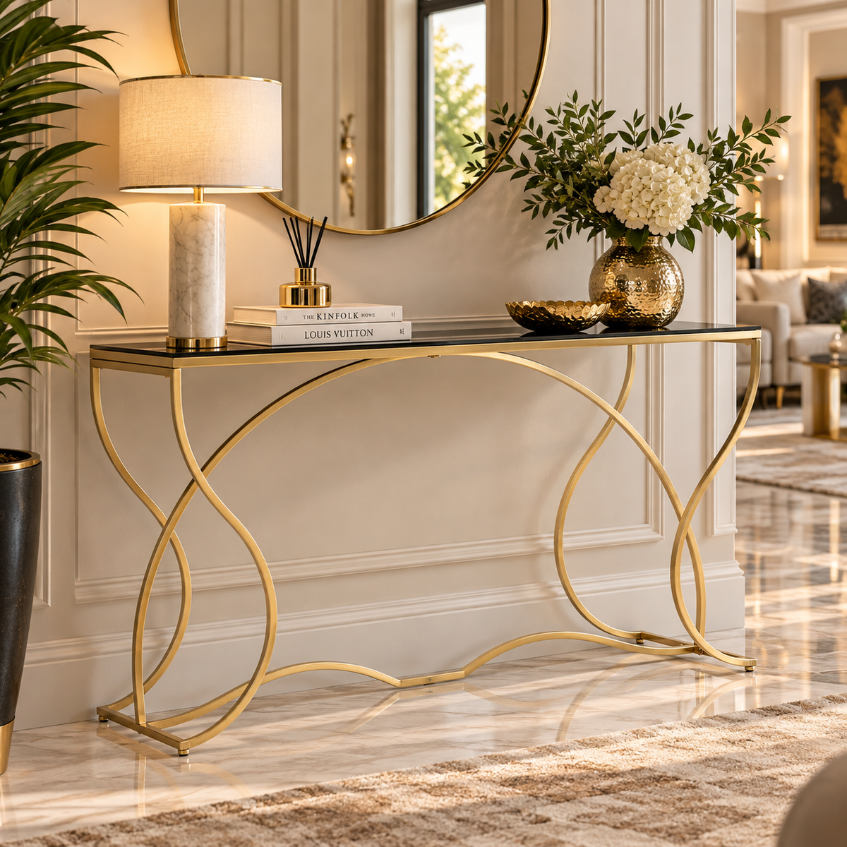 Console Sunshine Oro e Nero Mauro Ferretti 130x40x75 cm Metallo e Vetro Temprato