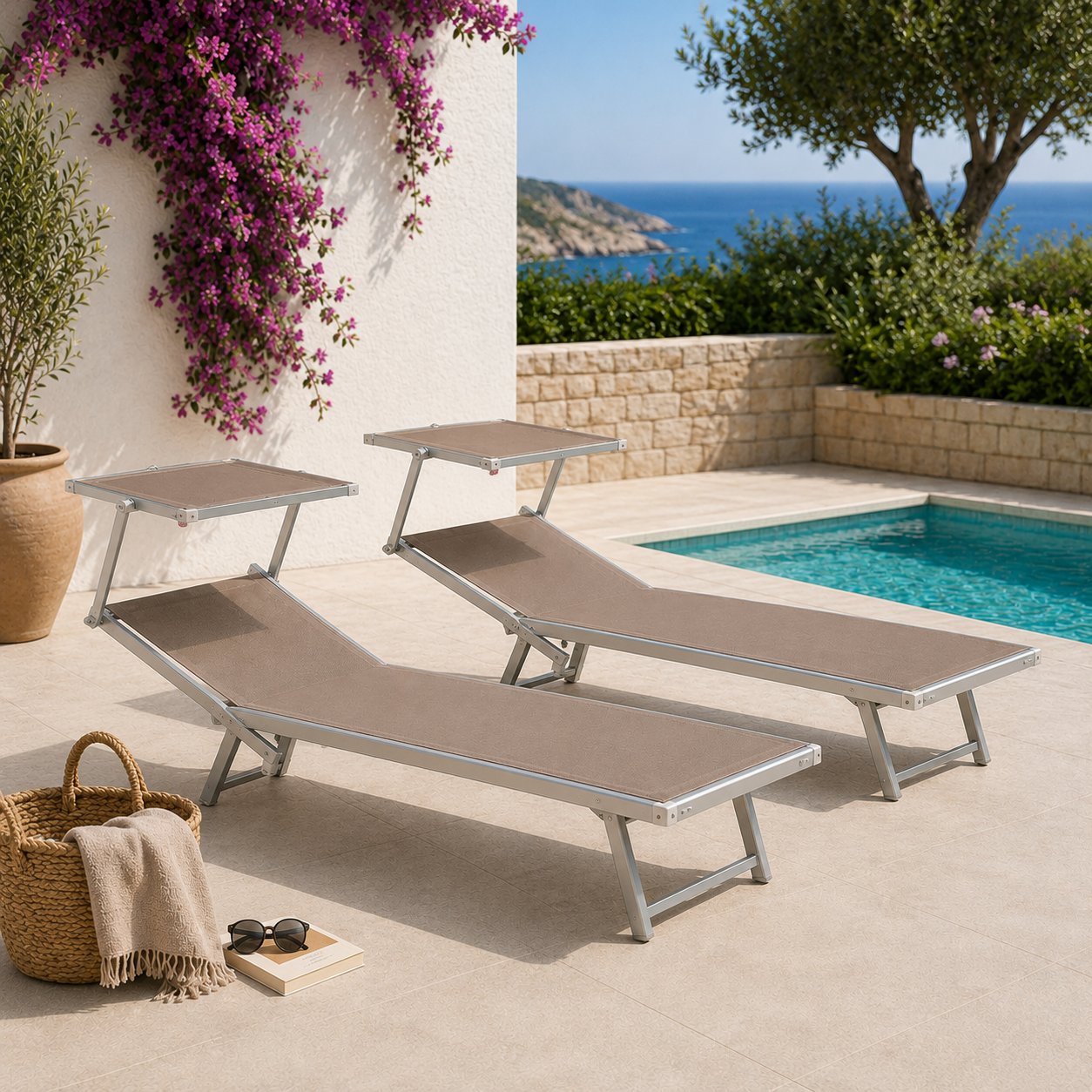 Lettino Prendisole Playa in Alluminio con Parasole Sabbia Set 2 Pezzi 186x70 cm