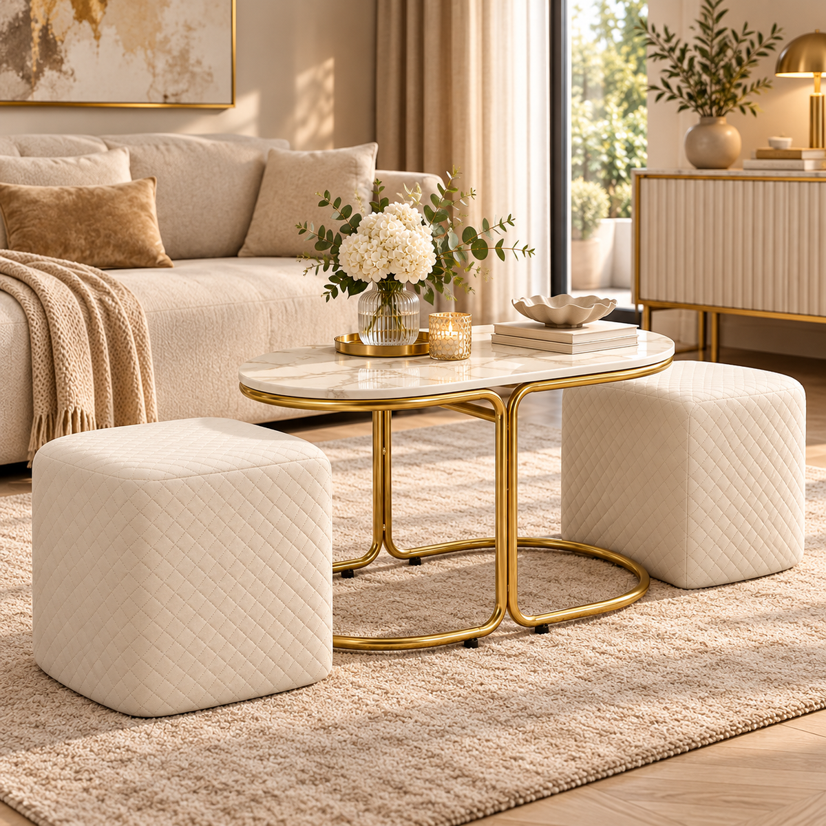 Tavolino da Caffè Relax 79x45x44 cm con 2 Pouf Beige e Oro