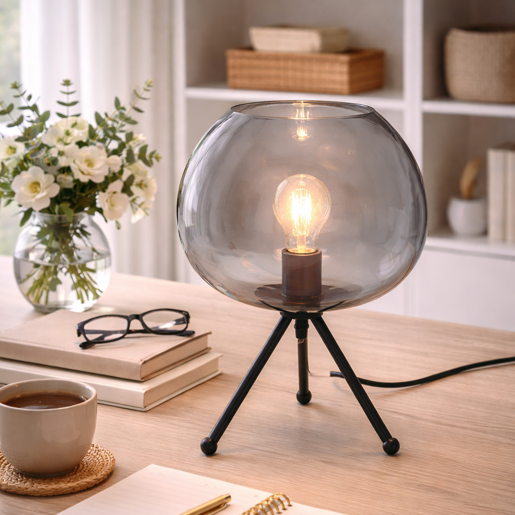 Lampada da Tavolo Sphere Sfera in Vetro Vetro Fumé con Base in Metallo Nero