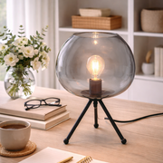 Lampada da Tavolo Sphere Sfera in Vetro Vetro Fumé con Base in Metallo Nero