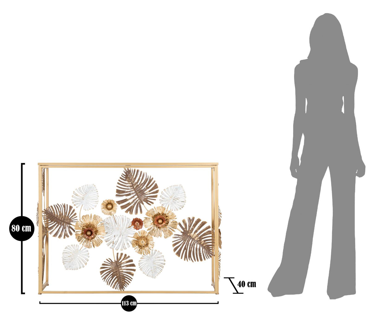 Consolle Glam Floris Oro 113x40x80 cm con Piano a Specchio Design Floreale