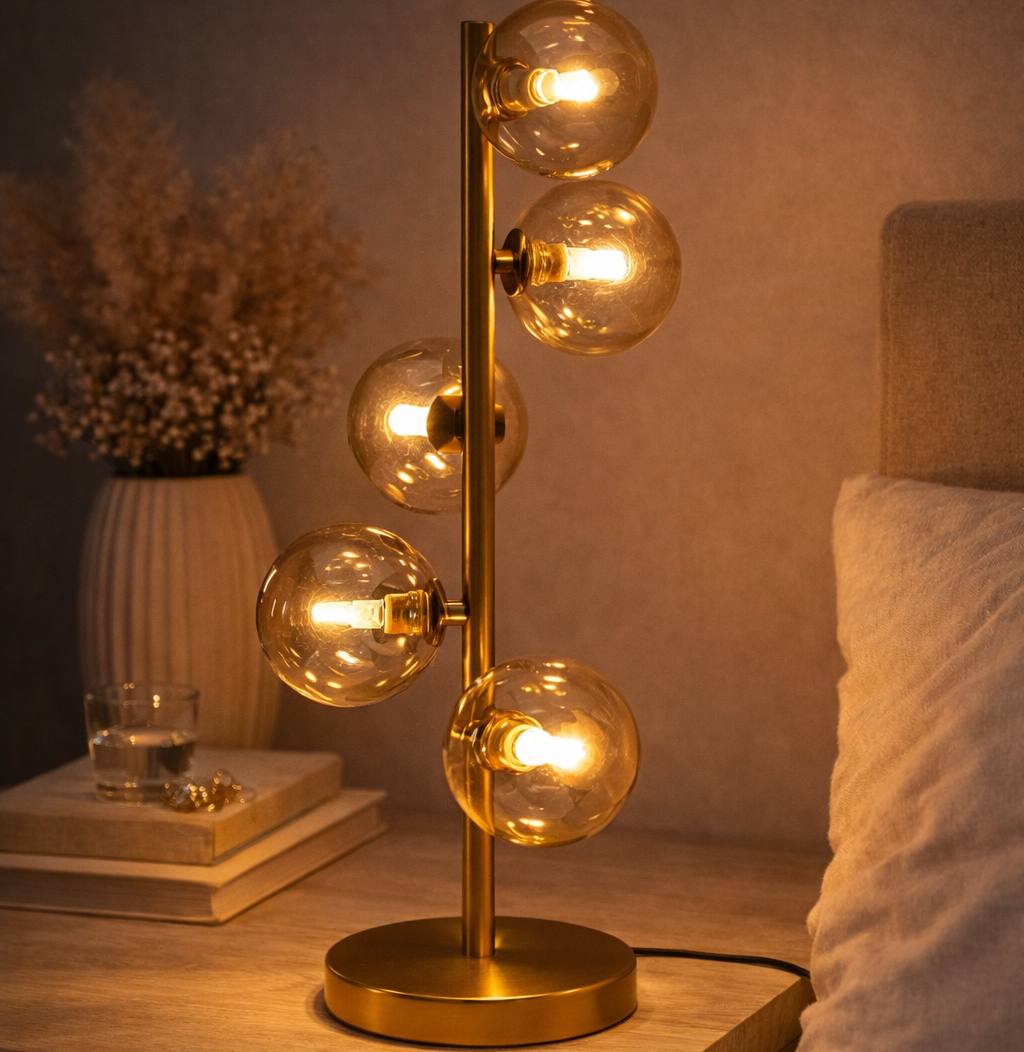 Lampada da Tavolo Moderna Scala Balls Ottone con Sfere in Vetro Fumé 5 Luci