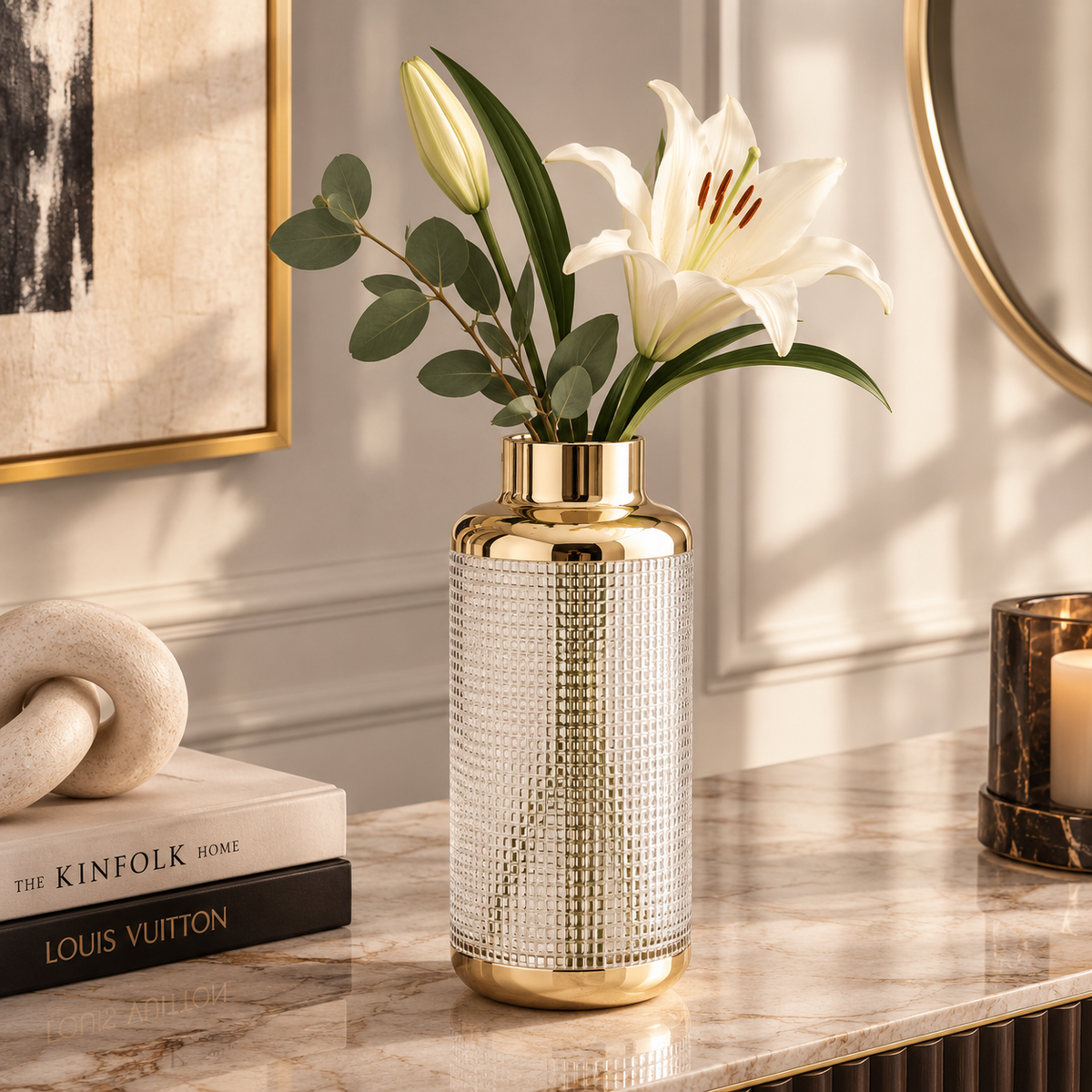 Vaso Decorativo La Noble in Vetro Trasparente con Dettagli Oro H30 cm