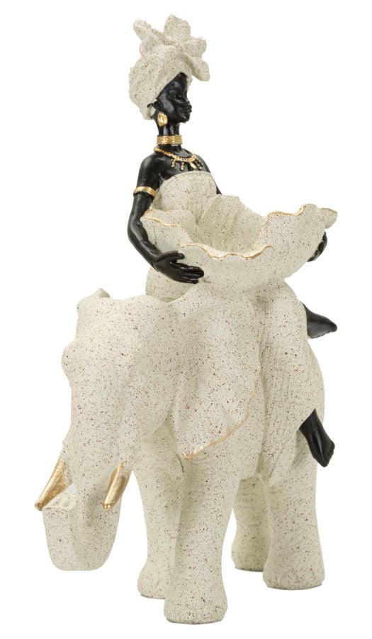 Scultura Etnica Donna Africana su Elefante 50x16x34 cm in Poliresina
