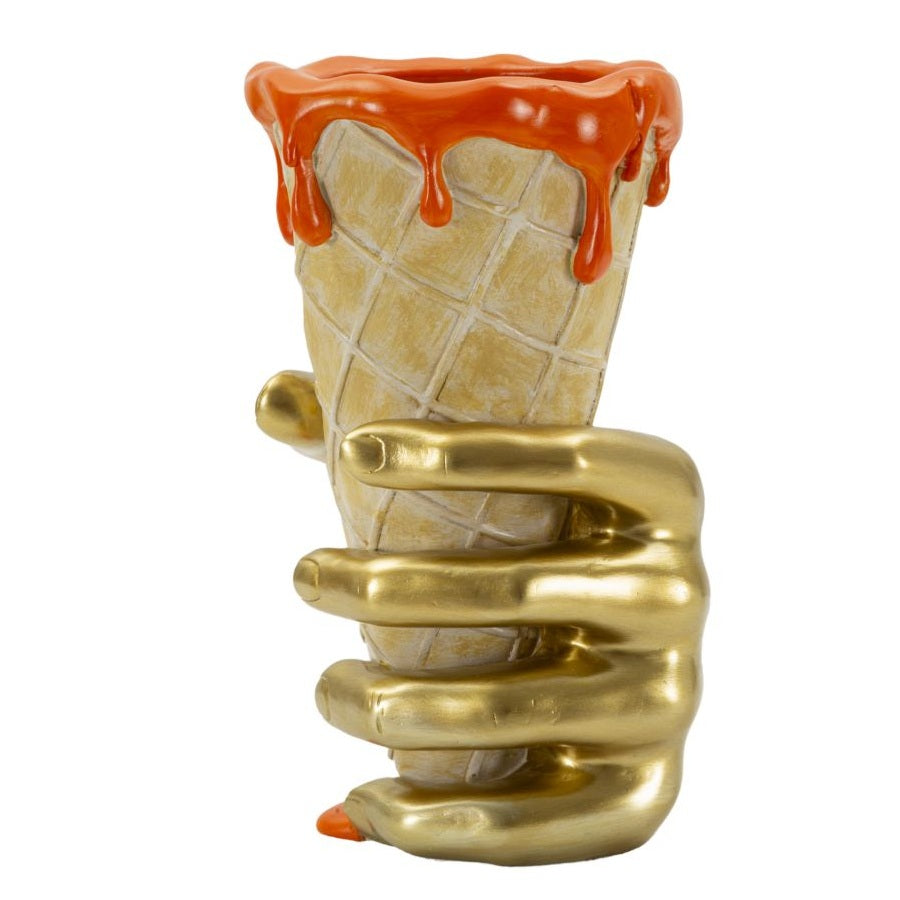 Vaso Cono Portafiori con Mano Dorata e Glassa Arancio 26 cm in Poliresina