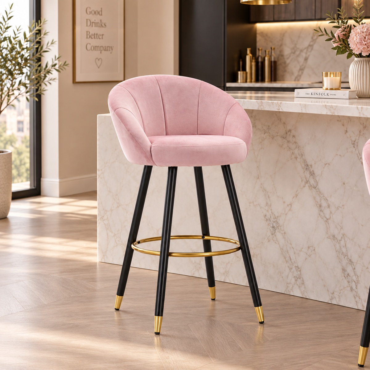 Sgabello Bar Prague Rosa in Velluto 104 cm con Gambe Nere e Dettagli Oro