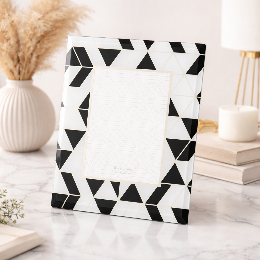 Cornice Portafoto Geometrica Stampa Foil In Vetro Bianco e Nero 10x15 CM