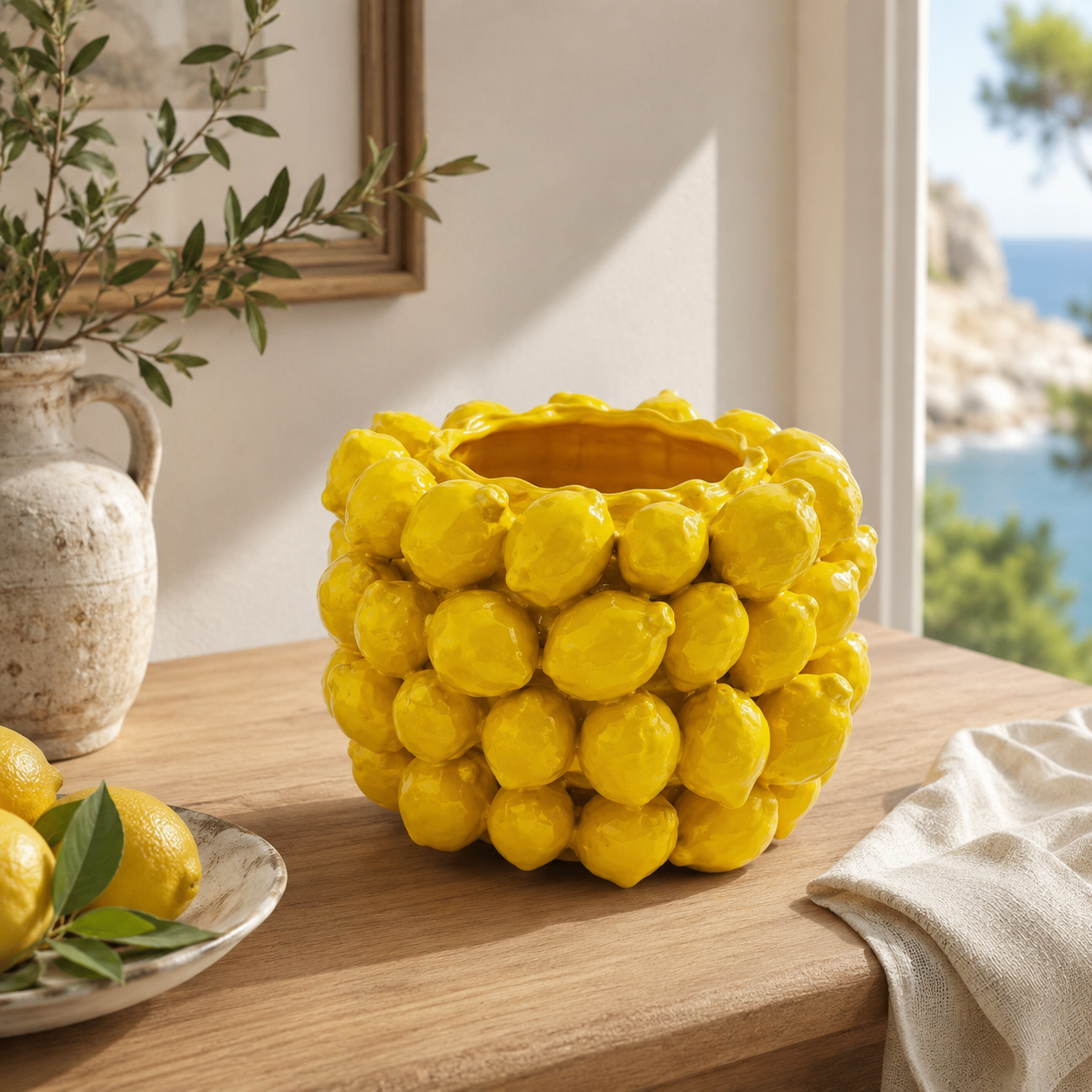 Vaso Decorativo Chakra Limoni in Ceramica Gialla H 22 cm Ø 31 cm