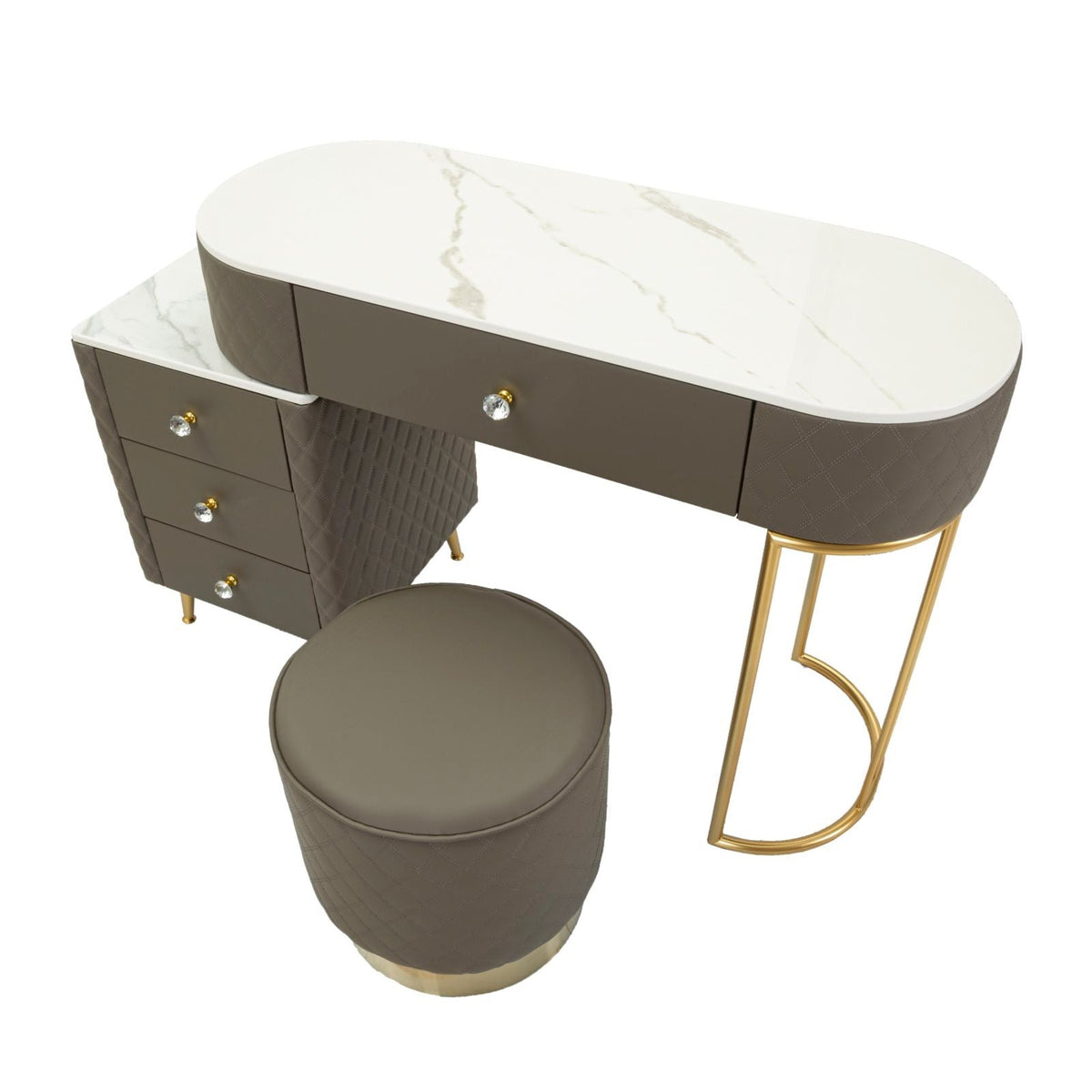 Toeletta Sharon Grigia con Puff 120x40x75 cm Simil Pelle Trapuntata e Oro