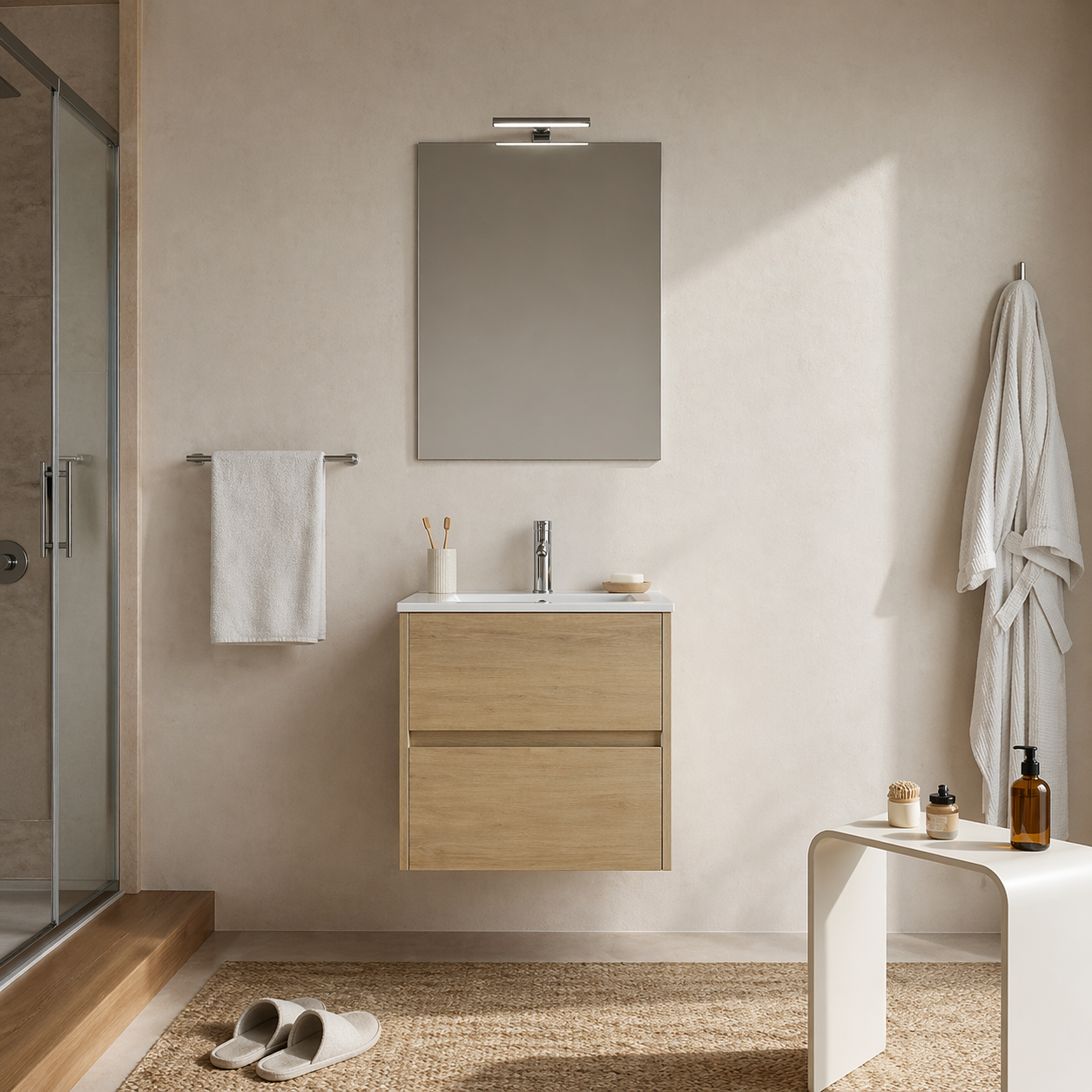 Mobile Bagno Sospeso Easy 2 Cassetti 60 cm Rovere Naturale con Specchio e LED