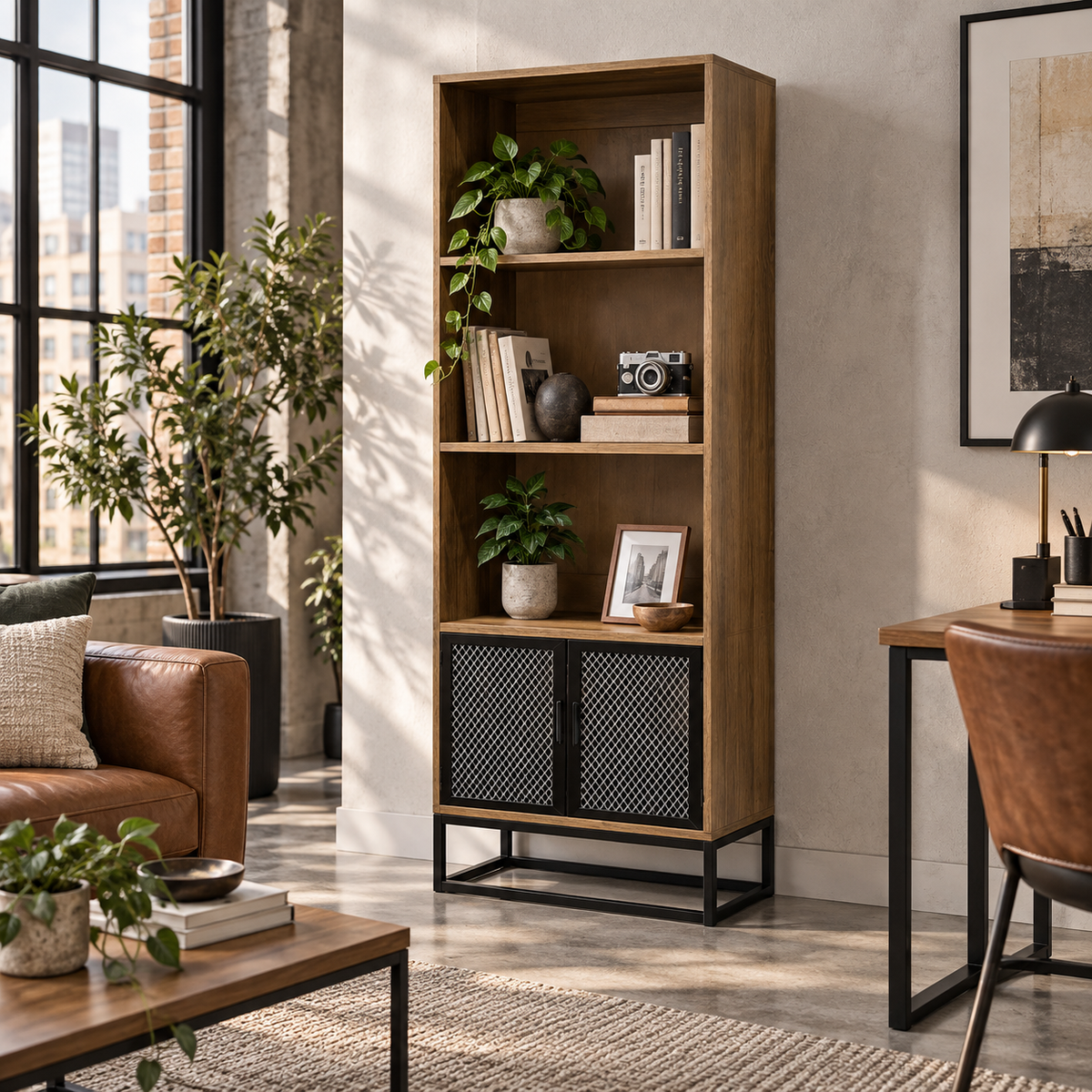 Libreria Industrial Metallo e Quercia 60x30x180 cm con 2 Ante