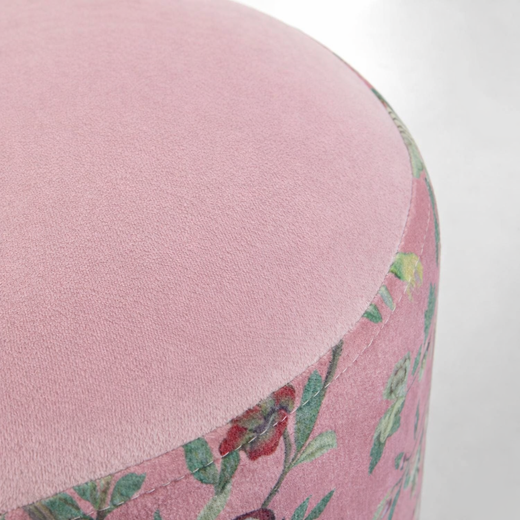 Sgabello Pouf Decorativo Cherry Peacock Rosa in Tessuto Base Oro Ø32cm