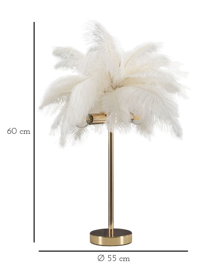 Lampada da Tavolo Palm Bianca Ø40x55 cm con Piume e Struttura Dorata
