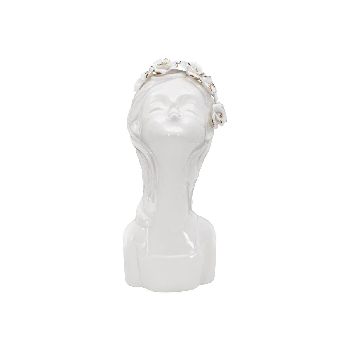Vaso Decorativo Volto Donna in Porcellana Bianca H26 cm con Fiori e Dettagli Oro