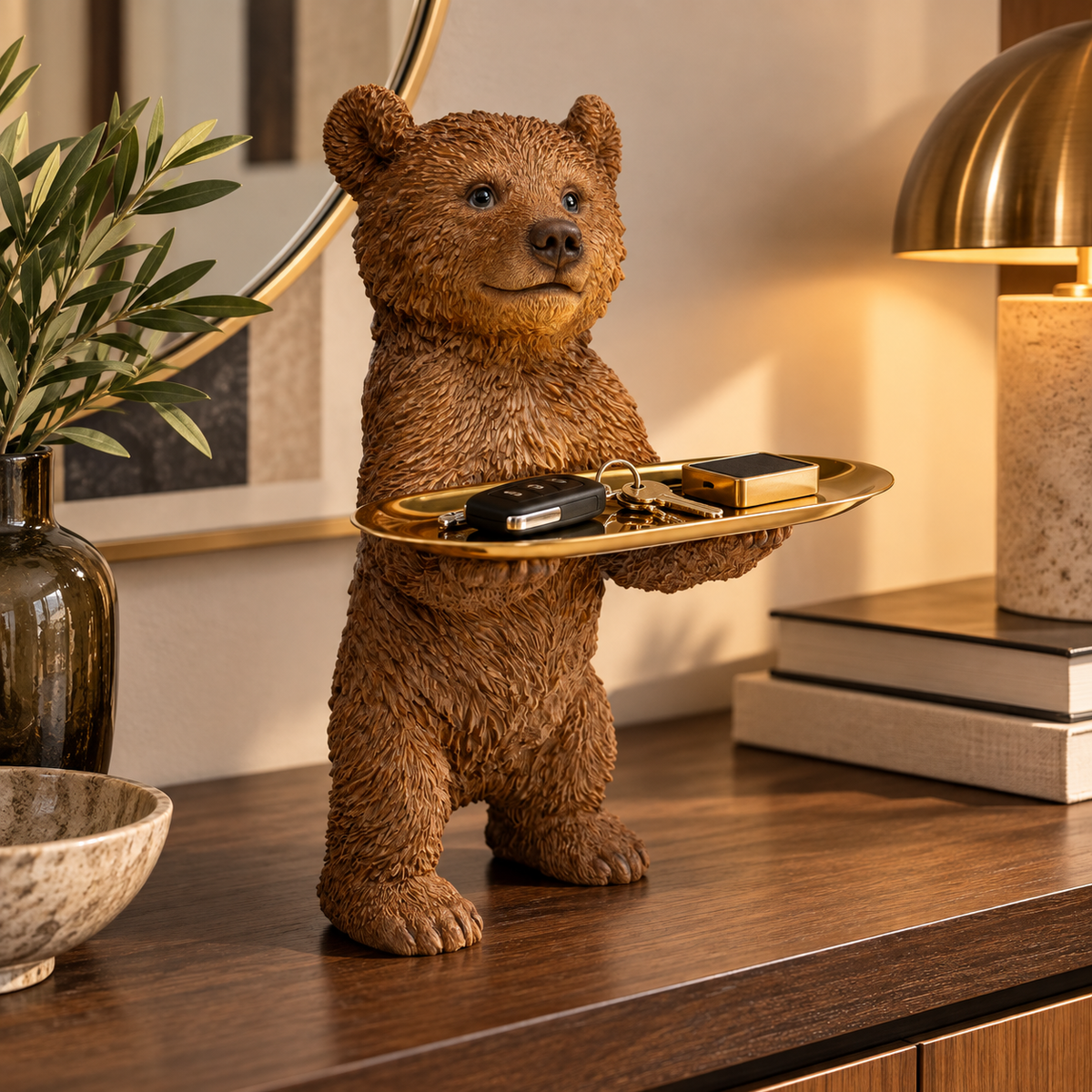 Statuetta Orsetto Butler Standing Bear Marrone H35 cm con Vassoio Oro