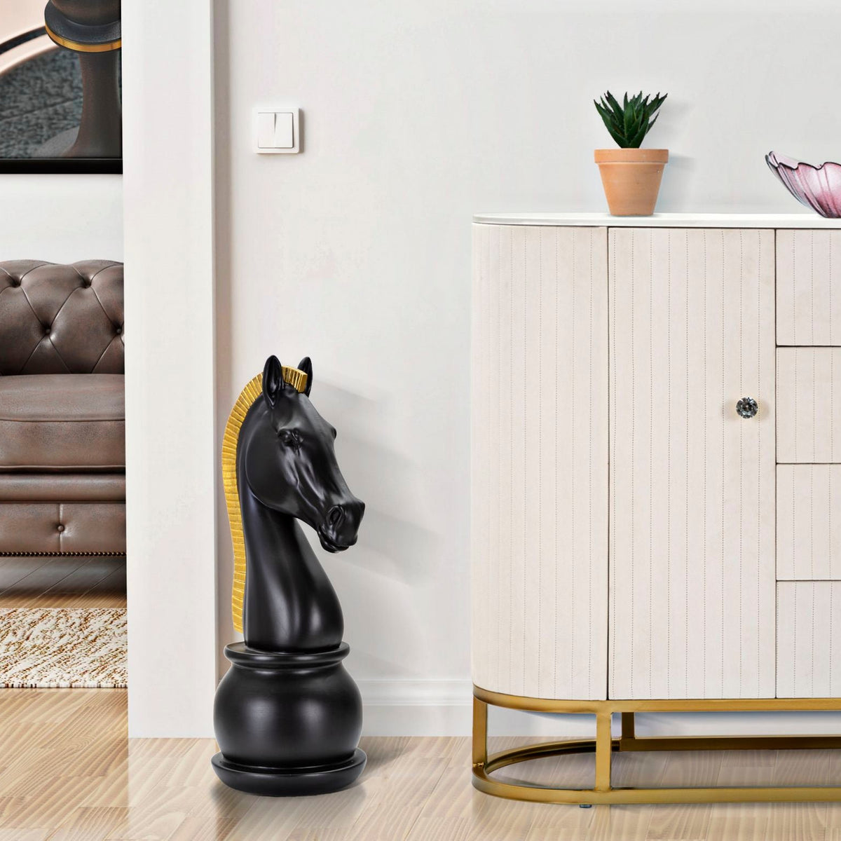 Statuetta Decorativa Cavallo Scacchi Oro e Nero Ø18,5 x H50 cm