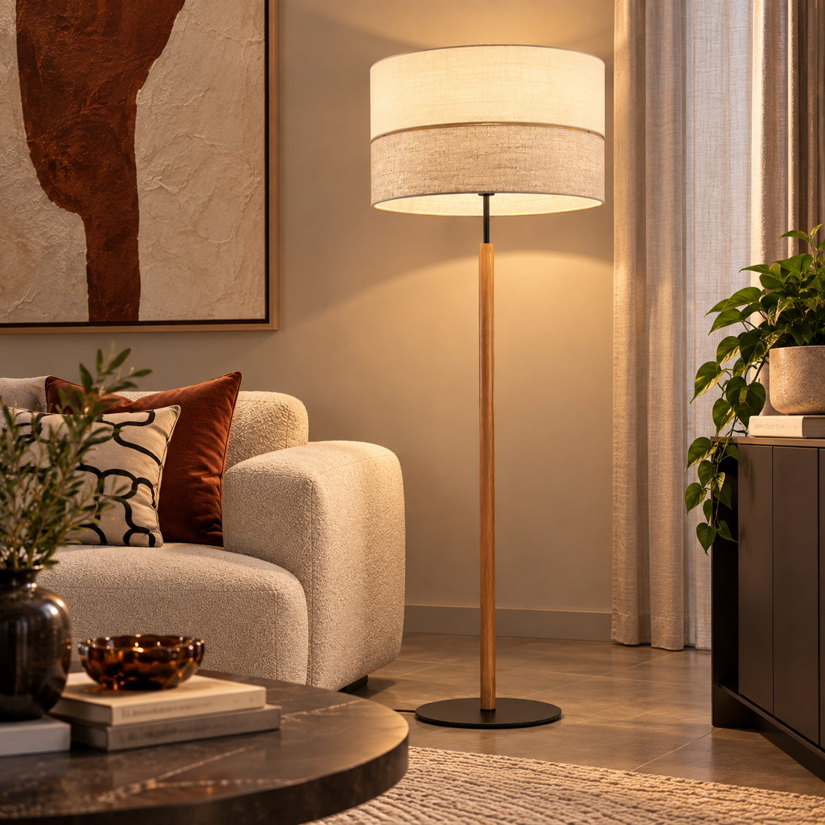 Lampada Piantana da Terra Eco Podogowa Beige e Legno H170 cm Paralume in Lino E27