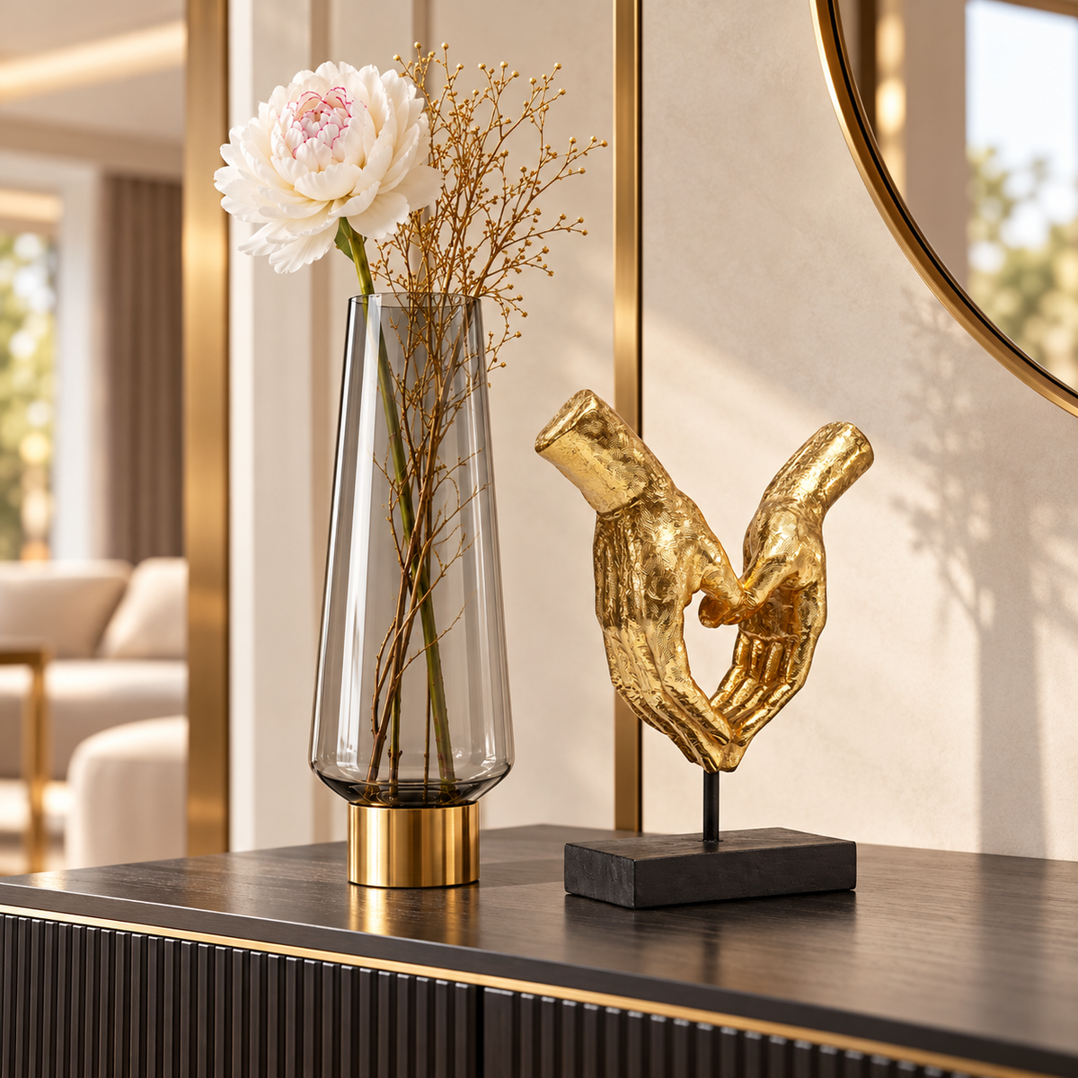 Set Decorativo Heart Hands Oro 33 cm & Vaso Noble Ring Grigio H40 cm