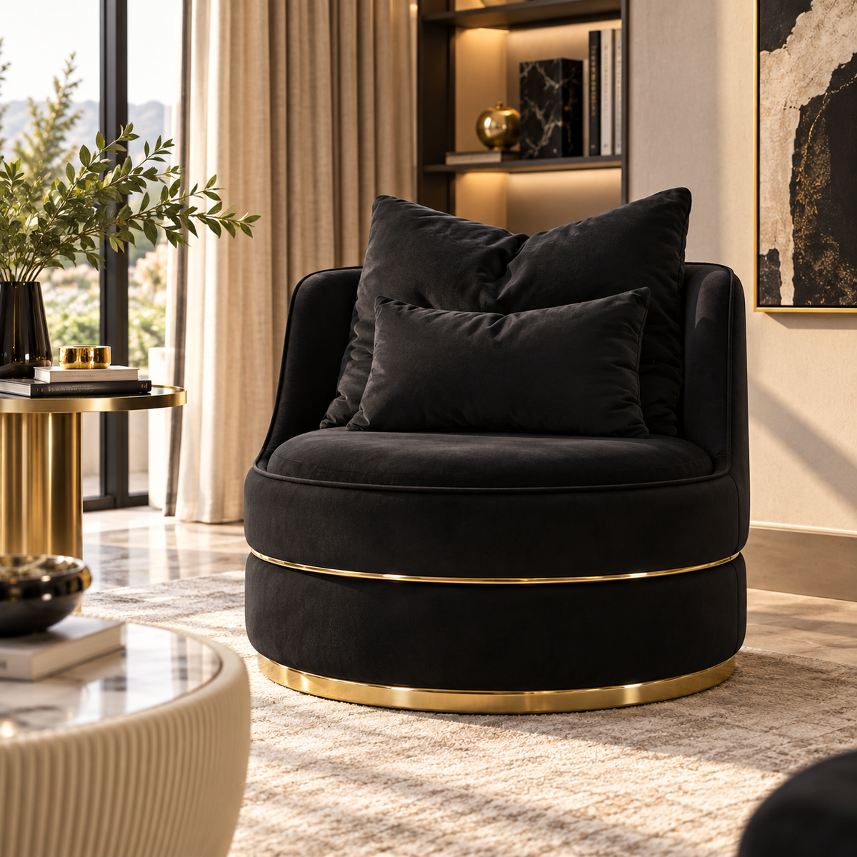 Poltrona Paris Space Nero e Oro Mauro Ferretti Ø84x72 cm con 2 Cuscini