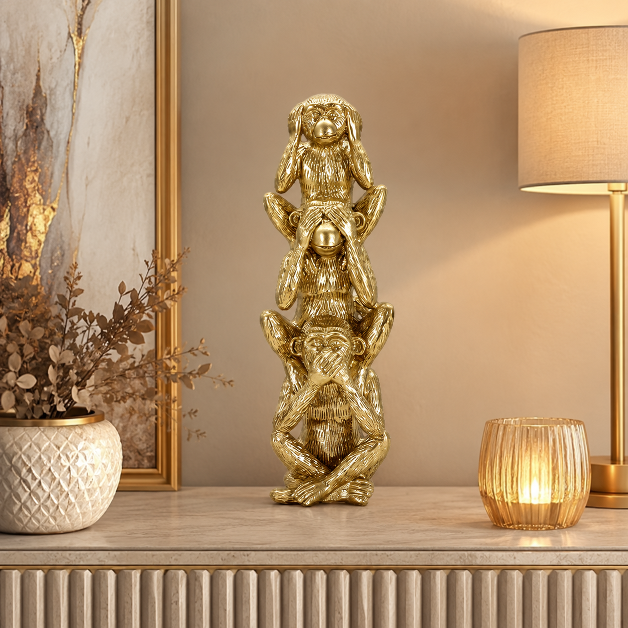 Oggetto Decorativo Scimmie Tower Oro 30 cm in Poliresina