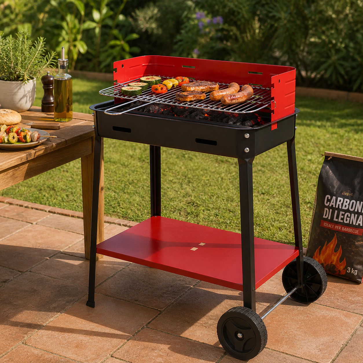 Barbecue a Carbone Flavia 50x35 cm con Ruote e Paravento Regolabile