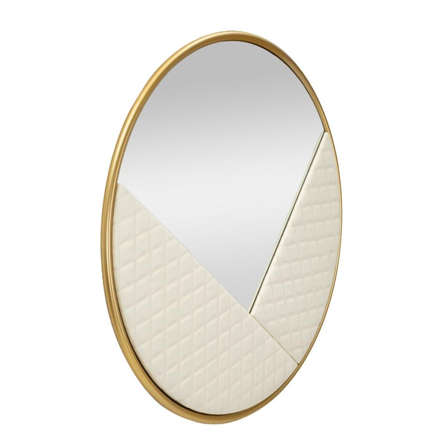 Specchio da Parete Rotondo Ø80 cm Crema e Oro Ecopelle Trapuntata